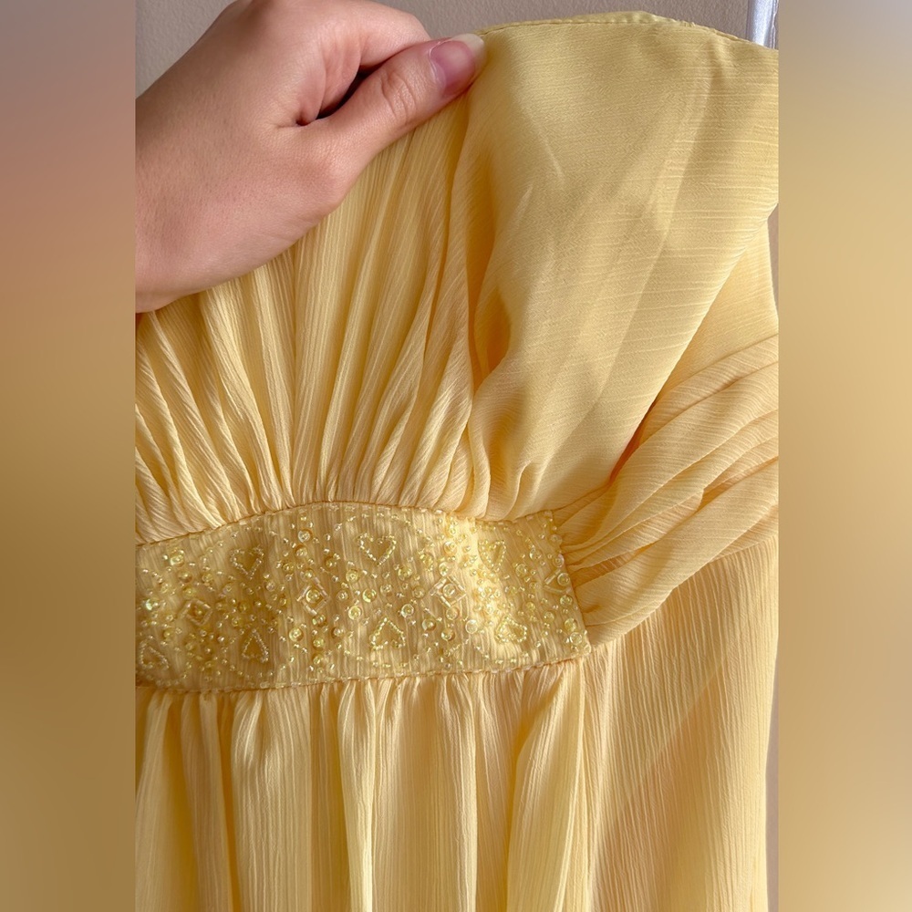 David’s Bridal Strapless Crinkle Chiffon Dress Godets, Style#F14865-ButterYellow - Picture 7 of 16